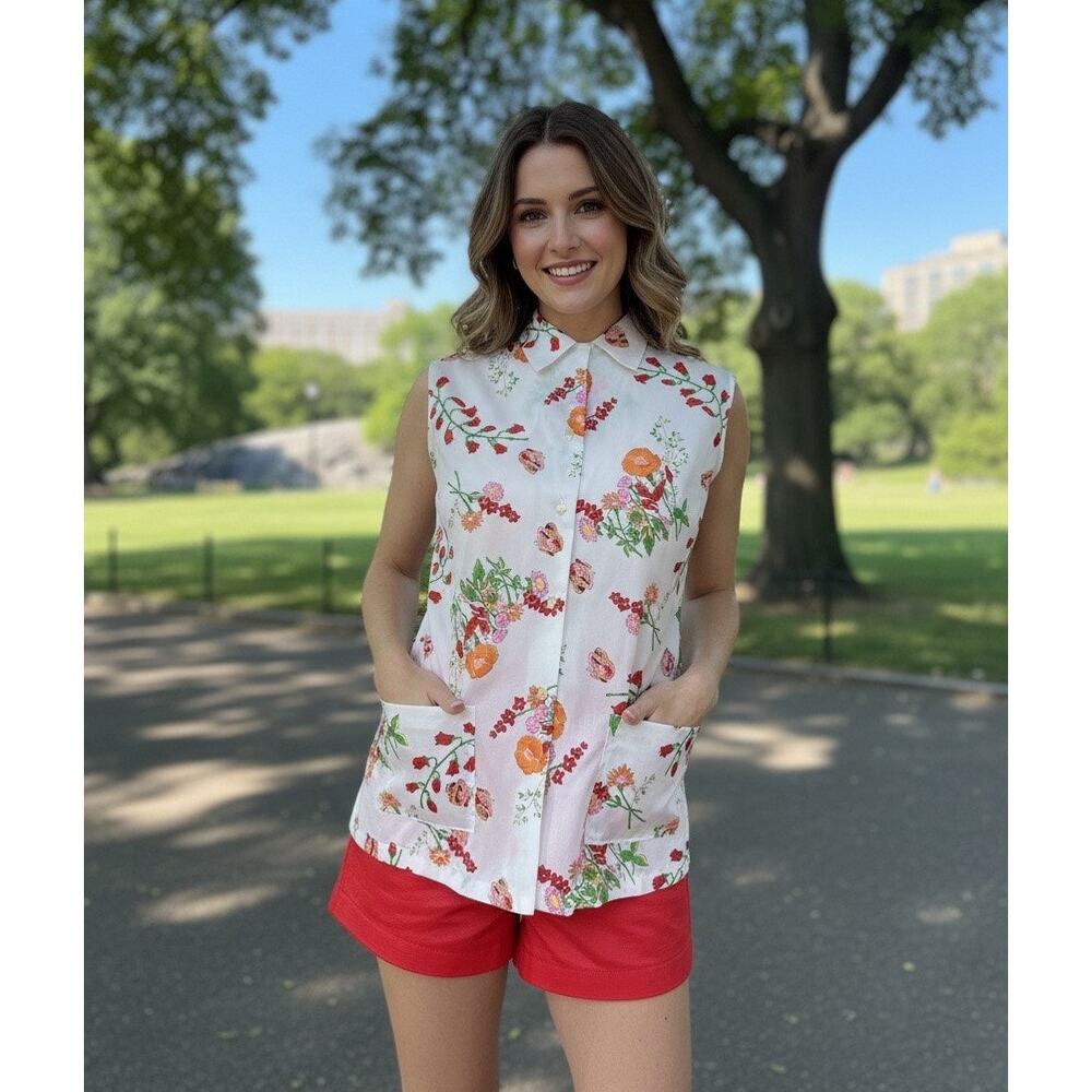 Vintage 1970s Miss Holly Novelty Floral Print Sleeveless Tunic Blouse
